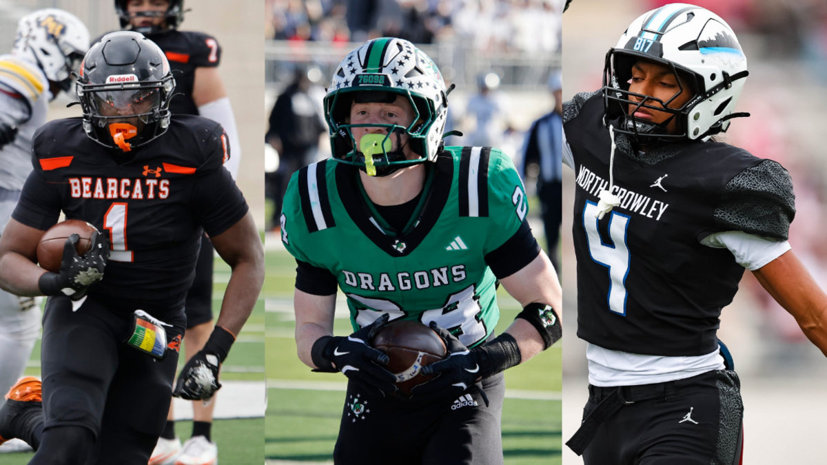 Aledo senior running back Jeremiah Johnson (left), Southlake Carroll senior running back Brooks Biggers (middle) and North Crowley senior cornerback Jerry Outhouse Jr. (right) are photographed during the 2025 Texas high school football season.